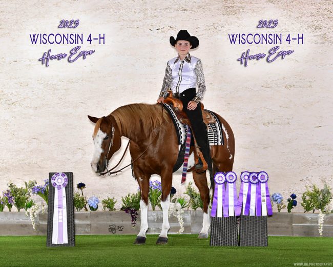 Paizlee Hart and her horse with their ribbons.