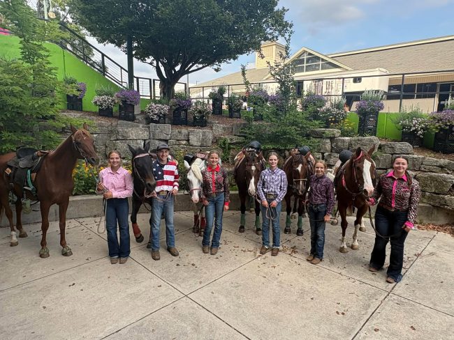 Madison Grotjahn and Reno, Carter Grotjahn and Nelly, Rubee Pronschinske and Dutchess, Makayla Young and Lacey, Emily Young and Corona and Maci Ward and Jade at The Wisconsin State 4-H Gymkhana. 